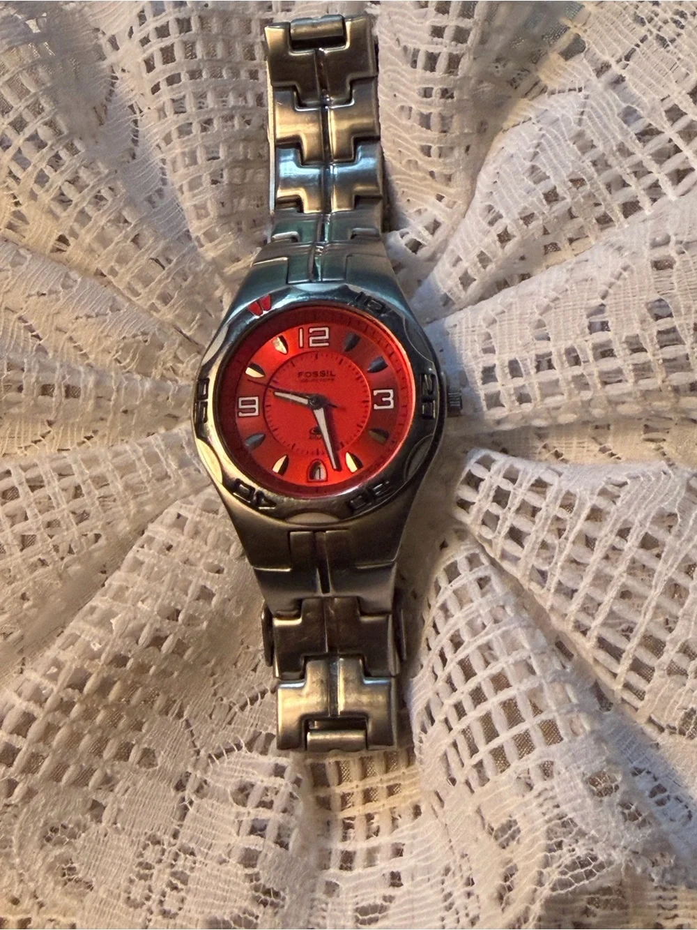 Fossil Red Dial Stainless Steel Bracelet Watch